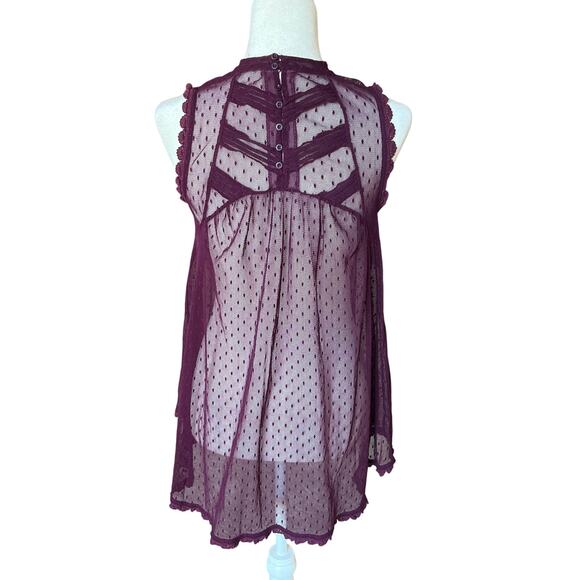 Free People Fiona Plum Mesh Sheer Lace Top Women's Size S Boho Victorian Whimsy - Picture 2 of 9